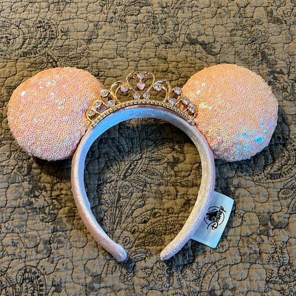 Disney Accessories - Disney Rose Pink Sequin Minnie Ear Headband with Gold Tiara